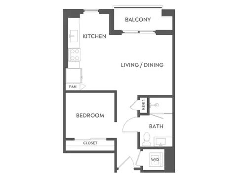Floor plan E2, Studio · 1 bath · 582 sf