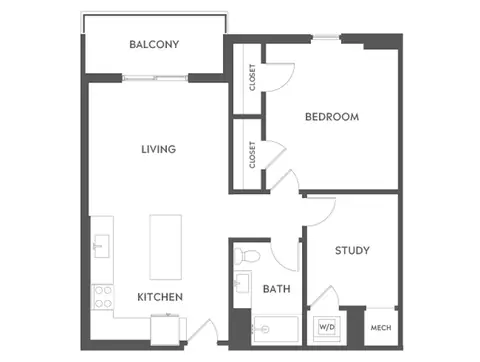 Floor plan A5D, 1 bed · 1 bath · 907 sf