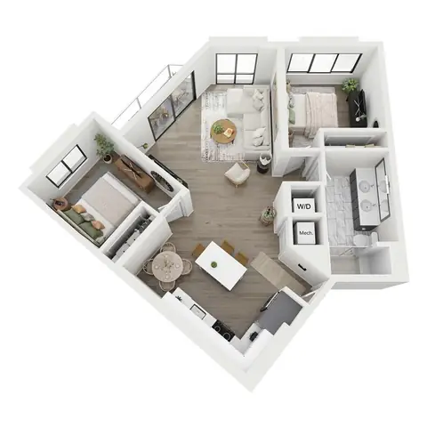 Floor plan D2-H, 2 beds · 2 baths · 983 sf