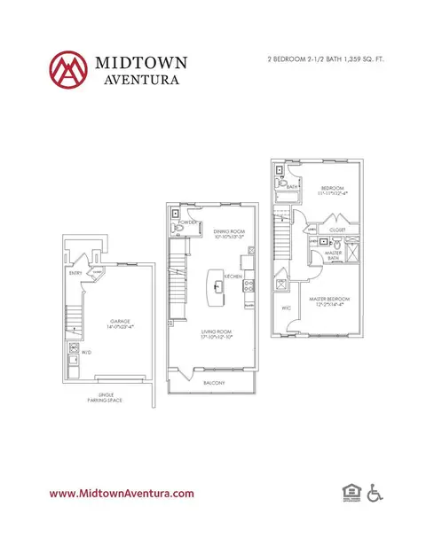 Floor plan TH1, 2 beds · 2.5 baths · 1,359 sf
