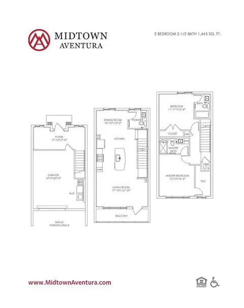Floor plan TH2, 2 beds · 2.5 baths · 1,455 sf