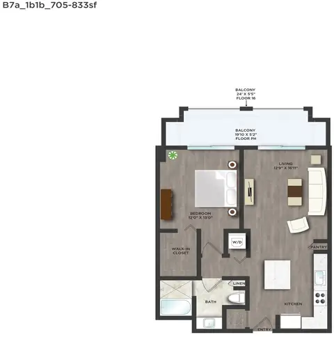 Floor plan B7APH, 1 bed · 1 bath · 705 sf