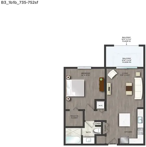 Floor plan B3APH, 1 bed · 1 bath