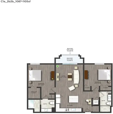 Floor plan C1APH, 2 beds · 2 baths · 1,087 sf