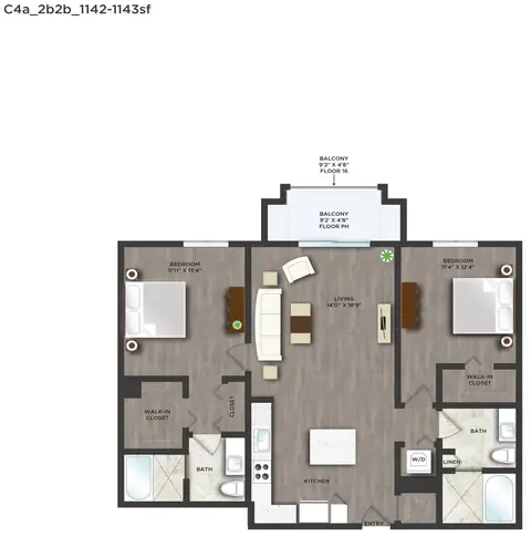 Floor plan C4APH, 2 beds · 2 baths · 1,142 sf