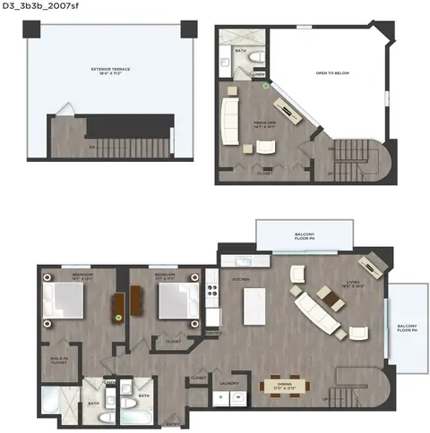 Floor plan D3PH, 3 beds · 3.5 baths