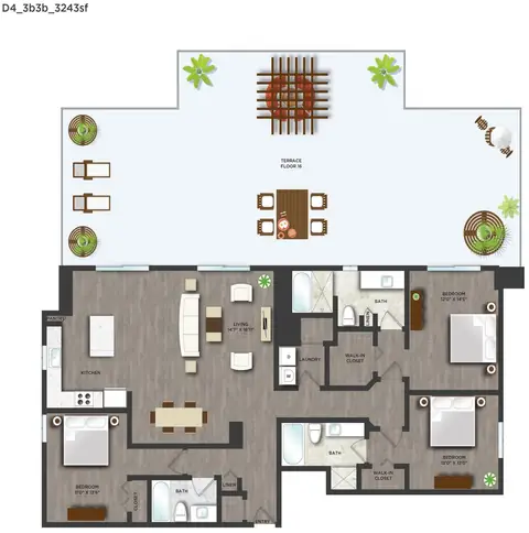 Floor plan D4PH, 3 beds · 3 baths