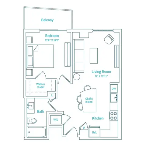 Floor plan Line 07 / Floors 14-PH, 1 bed · 1 bath · 589 sf