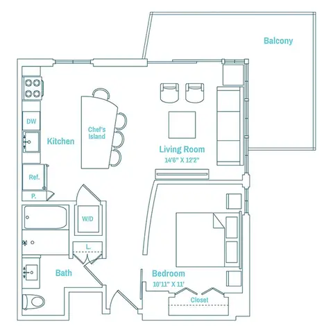 Floor plan Line 11 / Floors 3-PH, 1 bed · 1 bath · 683 sf
