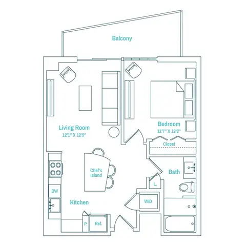 Floor plan Line 12 / Floors 14-27, 1 bed · 1 bath · 695 sf