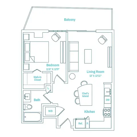 Floor plan Line 16 / Floors 14-27, 1 bed · 1 bath · 695 sf