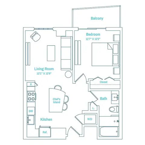 Floor plan Line 08 / Floors 14-PH, 1 bed · 1 bath · 700 sf