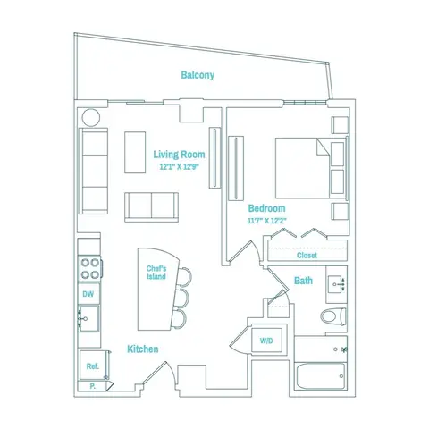Floor plan Line 01 / Floors 3-12, 1 bed · 1 bath · 742 sf