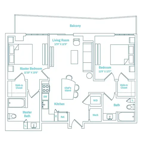 Floor plan Line 05 / Floors 3-12, 2 beds · 2 baths · 1,005 sf