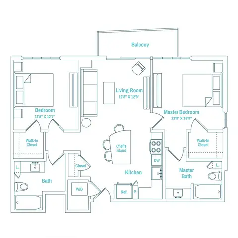 Floor plan Line 01 / Floors 14-PH, 2 beds · 2 baths · 1,035 sf