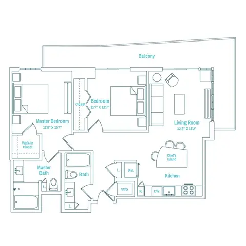 Floor plan Line 02 / Floors 14-PH, 2 beds · 2 baths · 1,040 sf