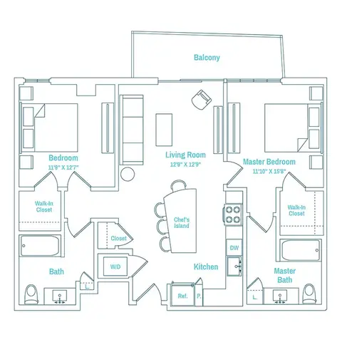 Floor plan Line 20 / Floors 14-27, 2 beds · 2 baths · 1,044 sf