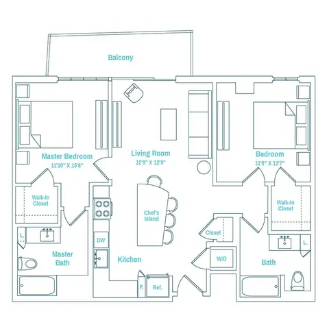 Floor plan Line 23 / Floors PD-27, 2 beds · 2 baths · 1,044 sf