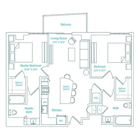 Floor plan Line 05 / Floors 14-PH, 2 beds · 2 baths · 1,046 sf