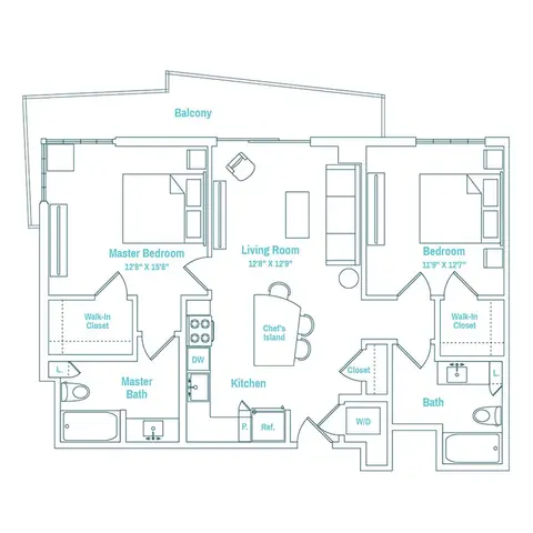 Floor plan Line 22 / Floors 14-27, 2 beds · 2 baths · 1,056 sf