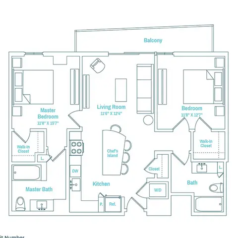 Floor plan Line 14 / Floors 14-27, 2 beds · 2 baths