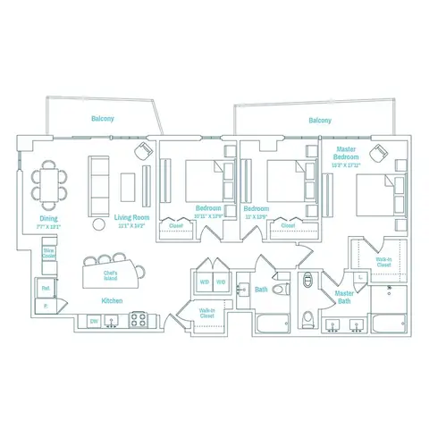 Floor plan Line 13 / Floors 14-27, 3 beds · 3 baths · 1,493 sf