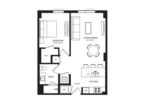 Floor plan 1 Bed/1 Bath-A1M, 1 bed · 1 bath · 686 sf