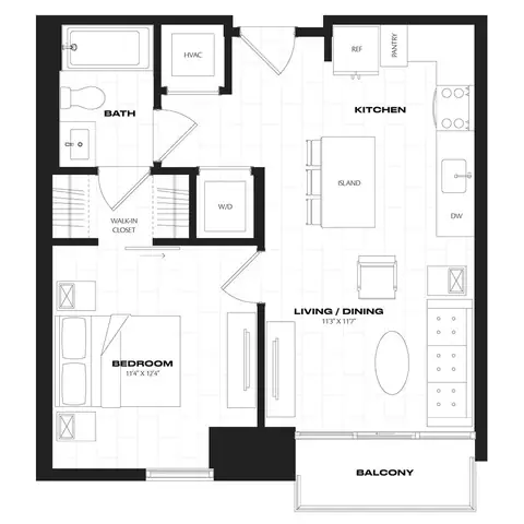 Floor plan B2.1, 1 bed · 1 bath
