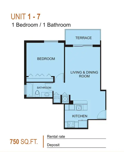 Floor plan Units 1 and 7, 1 bed · 1 bath · 750 sf