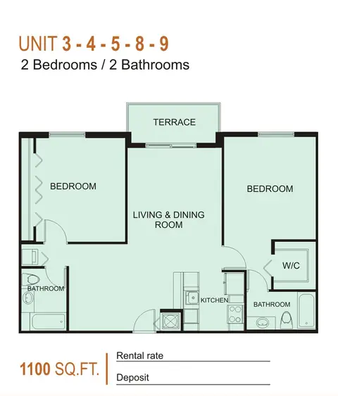Floor plan Units 3, 4, 5, 8, and 9, 2 beds · 2 baths · 1,100 sf