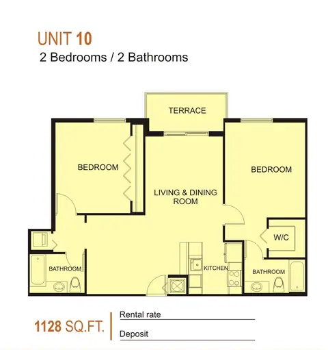Floor plan Unit 10, 2 beds · 2 baths · 1,128 sf