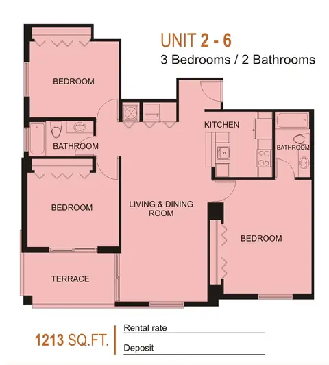 Floor plan Units 2 and 6, 3 beds · 2 baths · 1,213 sf
