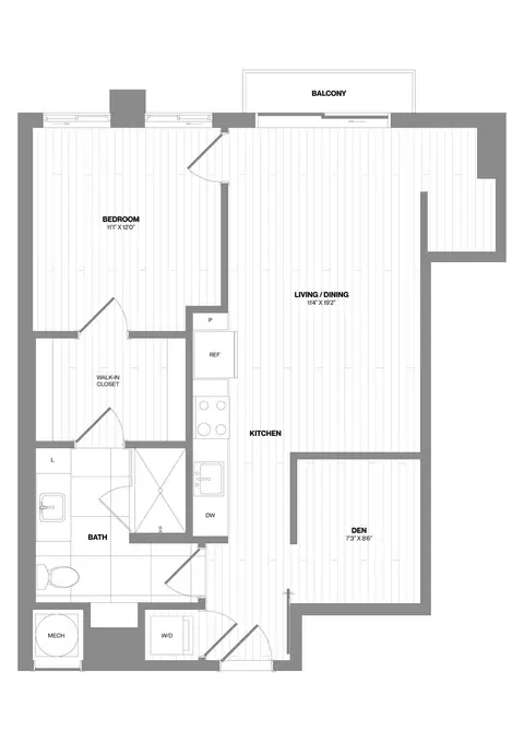 Floor plan 1 Bed/1 Bath Den-D1, 1 bed · 1 bath · 800 sf