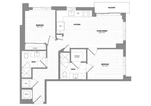 Floor plan 2 Bed/2 Bath-B1, 2 beds · 2 baths · 867 sf