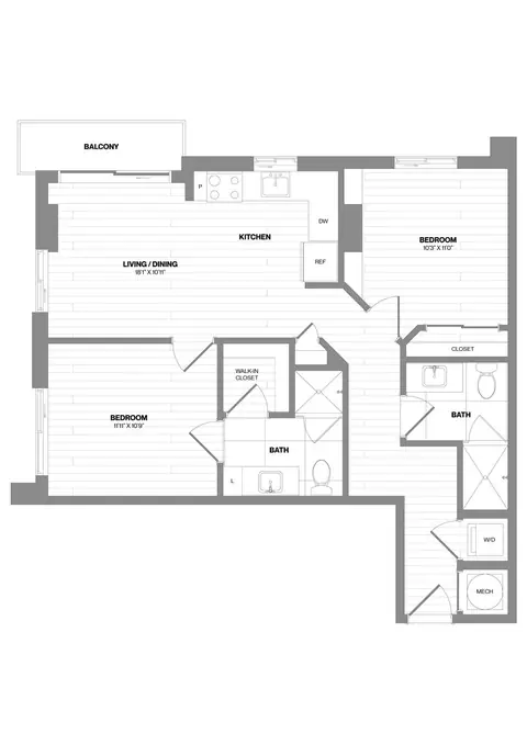 Floor plan 2 Bed/2 Bath-B4 WDU, 2 beds · 2 baths · 867 sf