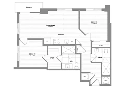 Floor plan 2 Bed/2 Bath-B2, 2 beds · 2 baths · 936 sf