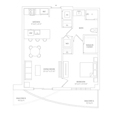 Floor plan x07 - Shoreline West, 1 bed · 1 bath · 683 sf