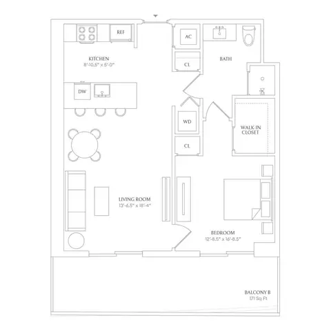 Floor plan x12 - Floors 2-9 - Shoreline West, 1 bed · 1 bath · 701 sf