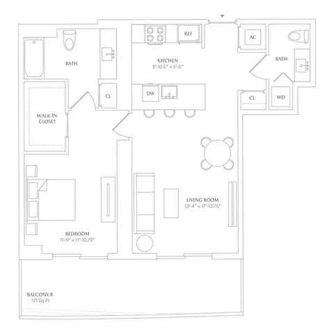 Floor plan x12 - Floors 10-18 - Shoreline West, 1 bed · 1.5 baths · 788 sf