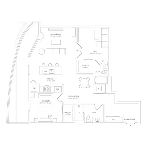 Floor plan x01 - Floor 2-4 - Shoreline West, 1 bed · 2 baths · 1,101 sf