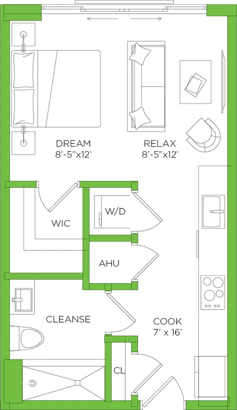 Floor plan Shepard A3, Studio · 1 bath · 487 sf