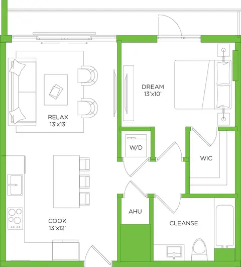 Floor plan Tristan B4, 1 bed · 1 bath · 716 sf