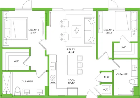 Floor plan James C1, 2 beds · 2 baths · 1,073 sf