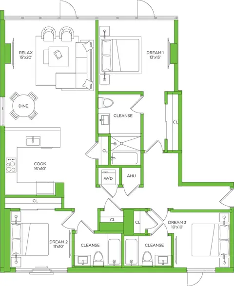 Floor plan Peter D1, 3 beds · 3 baths · 1,515 sf