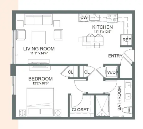 Floor plan A12, 1 bed · 1 bath