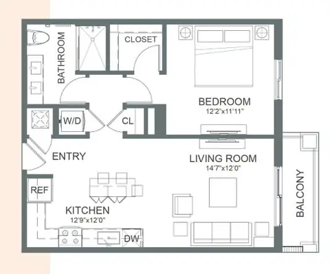 Floor plan A9, 1 bed · 1 bath
