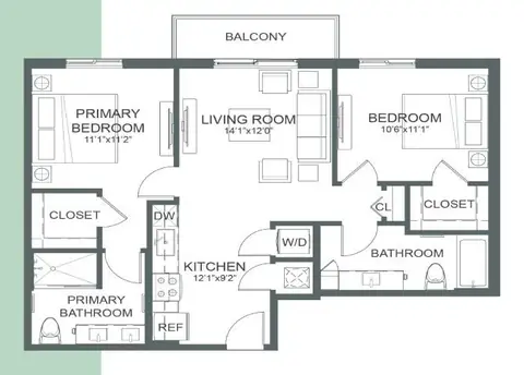 Floor plan B1, 2 beds · 2 baths