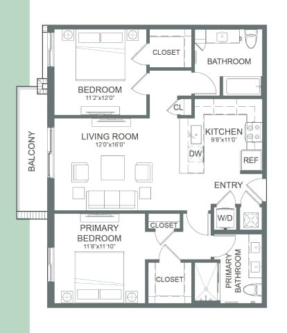 Floor plan B12, 2 beds · 2 baths