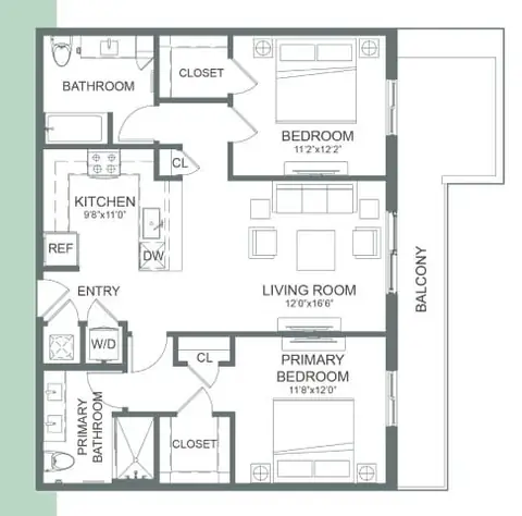 Floor plan B13, 2 beds · 2 baths