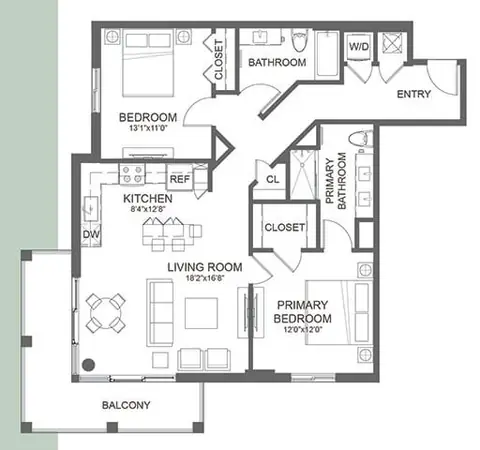 Floor plan B16, 2 beds · 2 baths